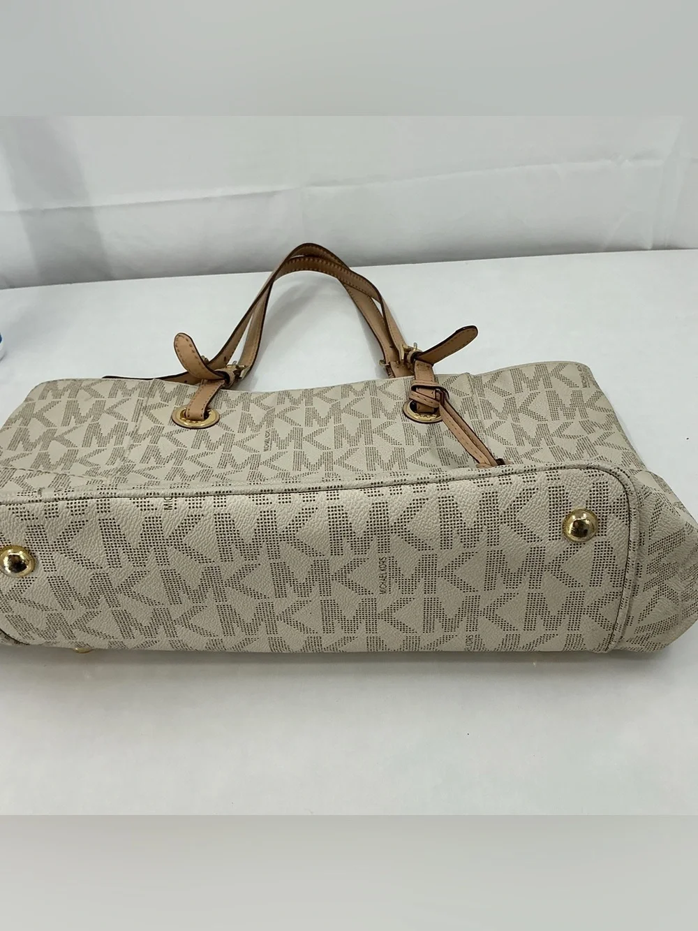 Michael Kors Beige Logo MK Tote with Tan Leather Straps D23